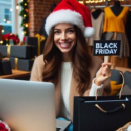 una chica de 30 años feliz con un gorro de navidad comprando online en una tienda que indique black friday.png